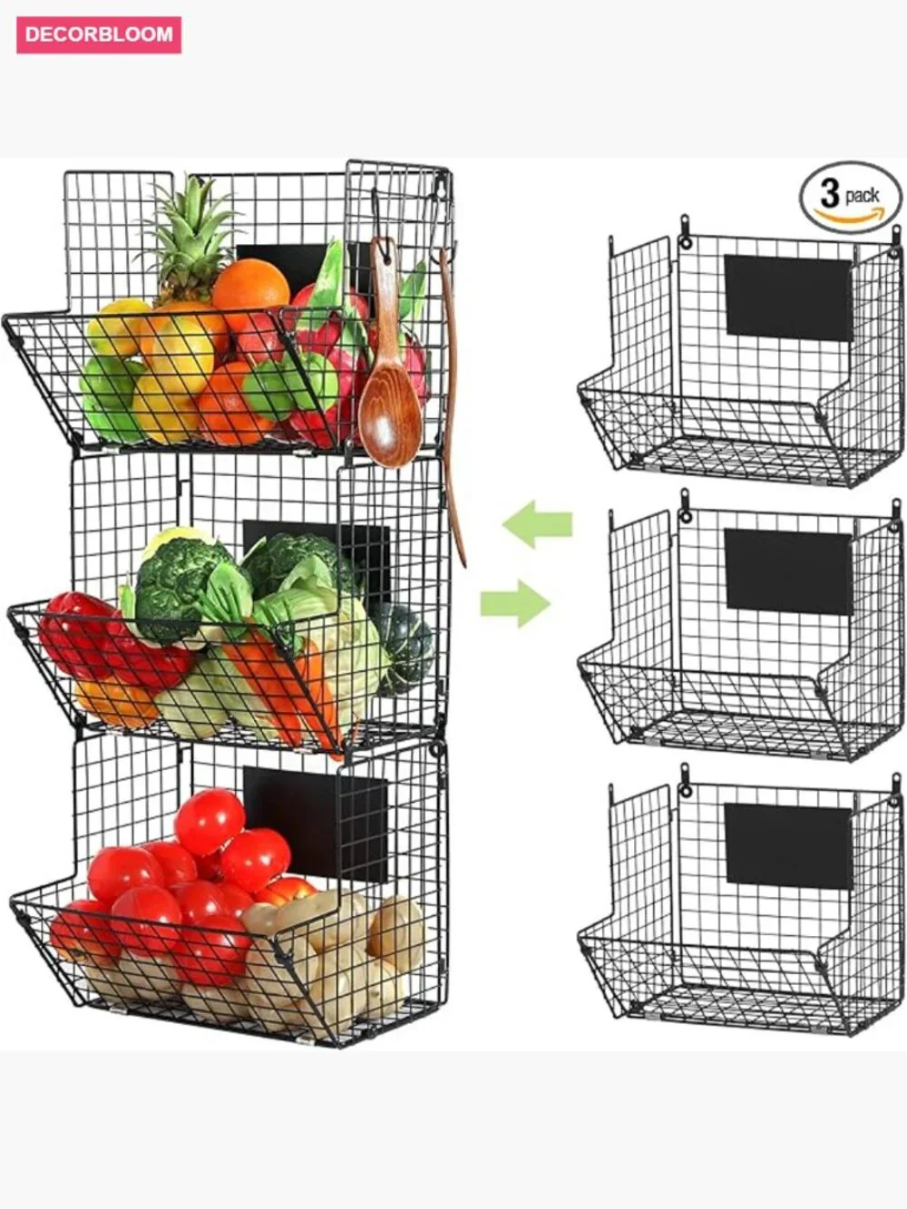 3-Tier Wall Mounted Wire Basket with Hooks and Chalkboards Kitchen Storage
